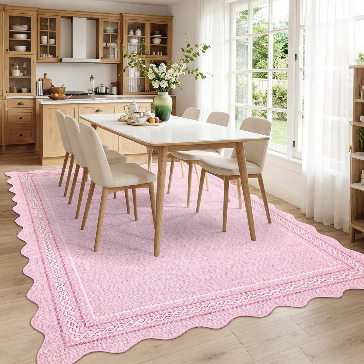 Scalloped Washable 8 x 10 Rug for Living Room Non Slip, Pink