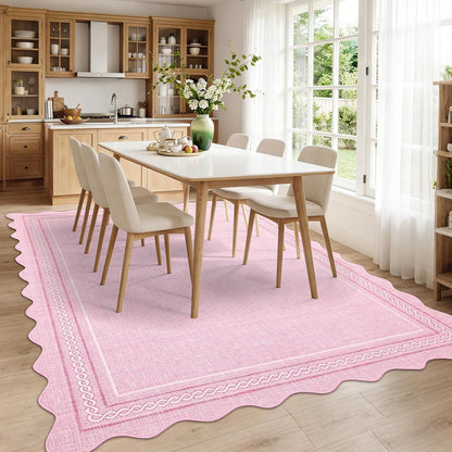 Scalloped Washable 8 x 10 Rug for Living Room Non Slip, Pink