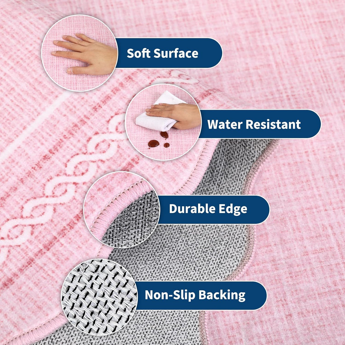 Scalloped Washable 8 x 10 Rug for Living Room Non Slip, Pink