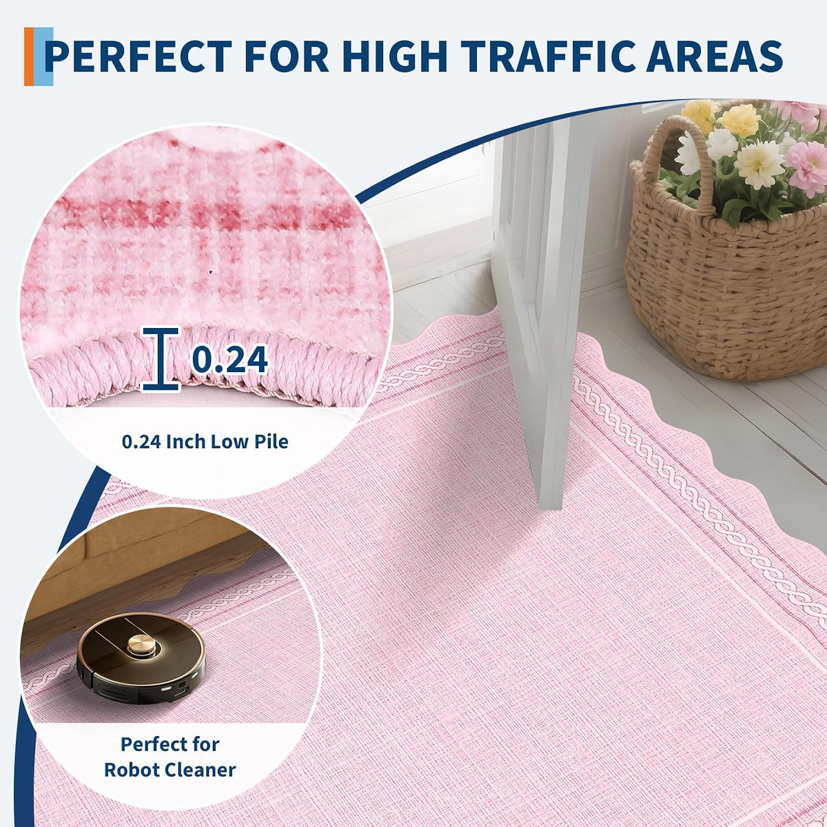Scalloped Washable 8 x 10 Rug for Living Room Non Slip, Pink