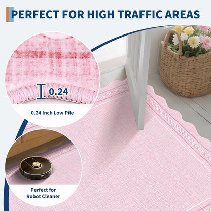 Scalloped Washable 8 x 10 Rug for Living Room Non Slip, Pink