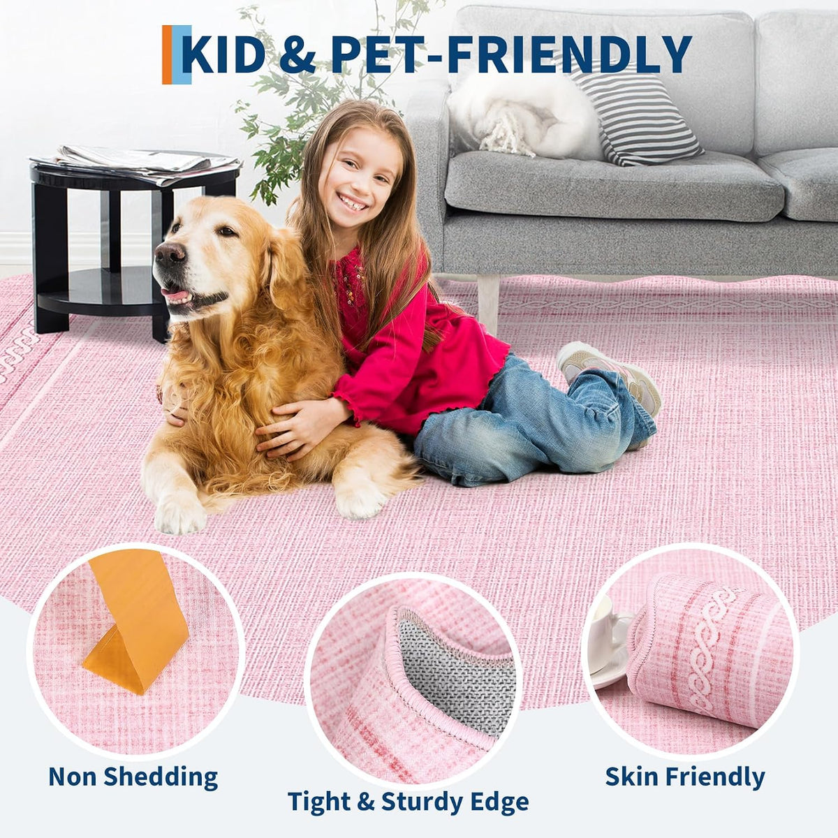 Scalloped Washable 8 x 10 Rug for Living Room Non Slip, Pink
