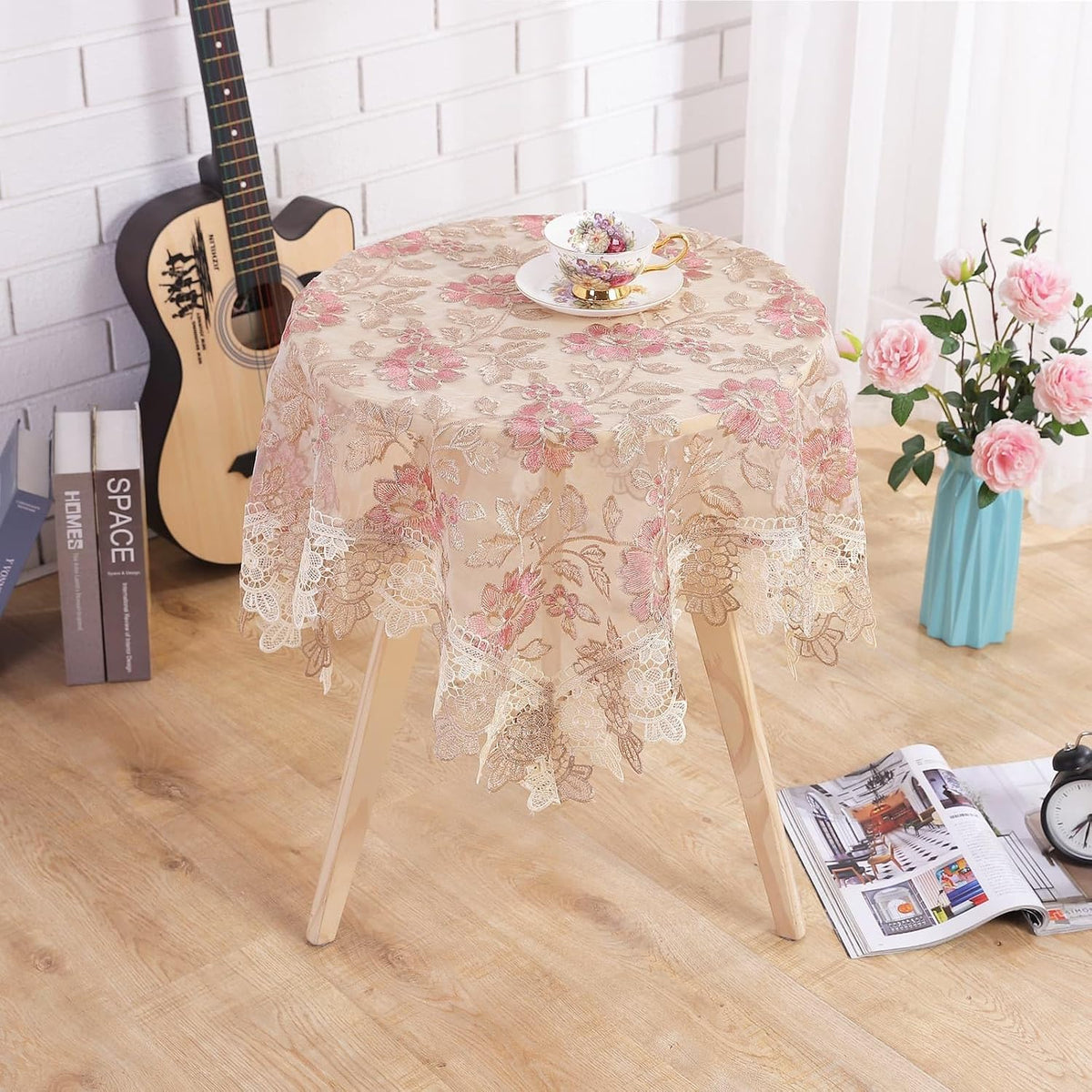 Round Pink Floral Tablecloth - Lace Embroidered Elegant Decorative Edging Table Cover for Coffee Wedding Holiday(Pink, 48" Round)