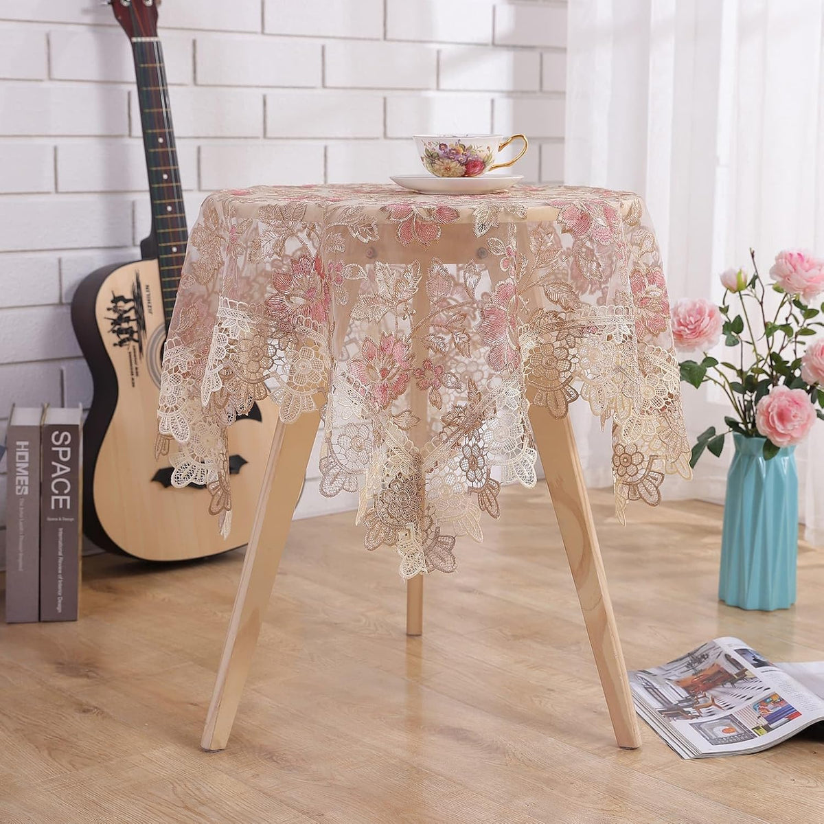Round Pink Floral Tablecloth - Lace Embroidered Elegant Decorative Edging Table Cover for Coffee Wedding Holiday(Pink, 48" Round)