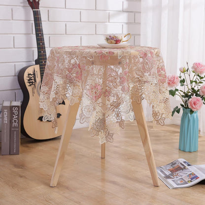 Round Pink Floral Tablecloth - Lace Embroidered Elegant Decorative Edging Table Cover for Coffee Wedding Holiday(Pink, 48" Round)