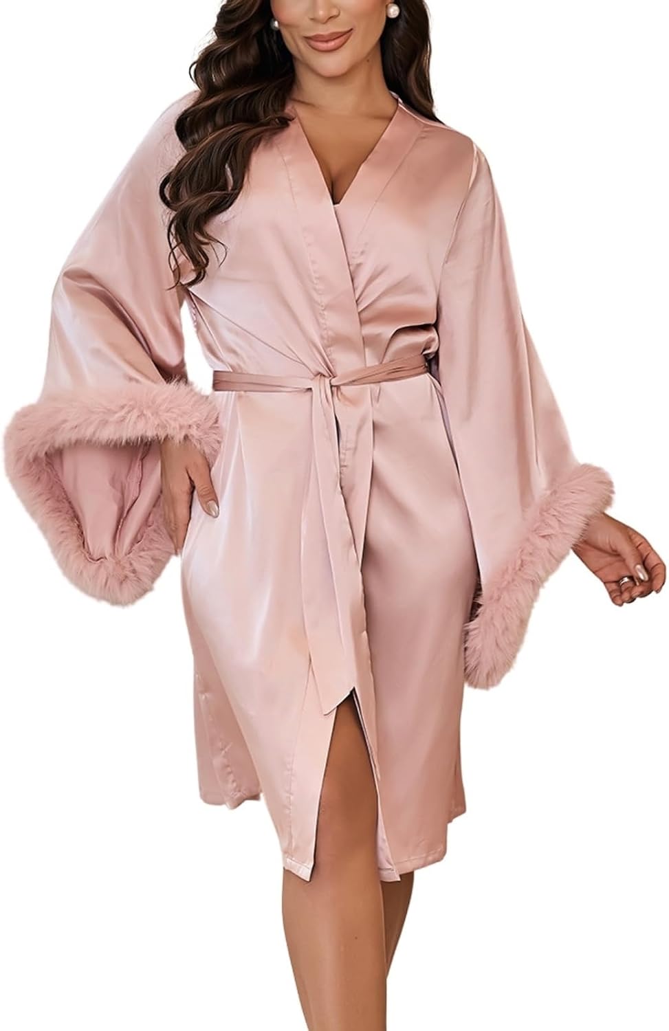 Satin Robes for Women Bridal Bridesmaids Robe Silk Robe with Faux Fur Trim Satin Bell sleeves Wedding Dressing Gown