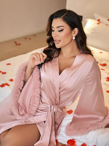 Satin Robes for Women Bridal Bridesmaids Robe Silk Robe with Faux Fur Trim Satin Bell sleeves Wedding Dressing Gown