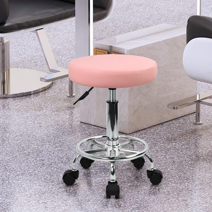 PU Leather Round Rolling Stool with Foot Rest Swivel Height Adjustment Spa Drafting Salon Tattoo Work Office Massage Stools Task Chair (Pink)