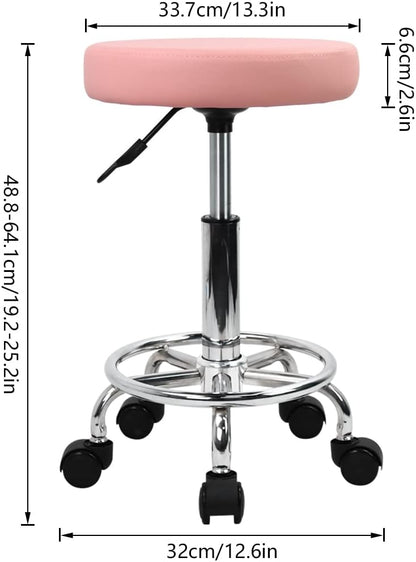 PU Leather Round Rolling Stool with Foot Rest Swivel Height Adjustment Spa Drafting Salon Tattoo Work Office Massage Stools Task Chair (Pink)