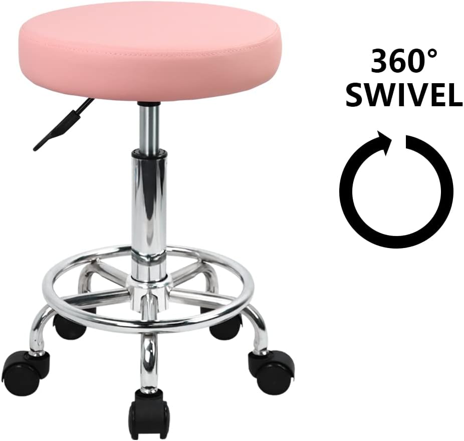 PU Leather Round Rolling Stool with Foot Rest Swivel Height Adjustment Spa Drafting Salon Tattoo Work Office Massage Stools Task Chair (Pink)