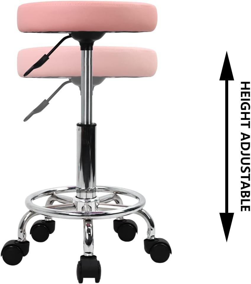PU Leather Round Rolling Stool with Foot Rest Swivel Height Adjustment Spa Drafting Salon Tattoo Work Office Massage Stools Task Chair (Pink)