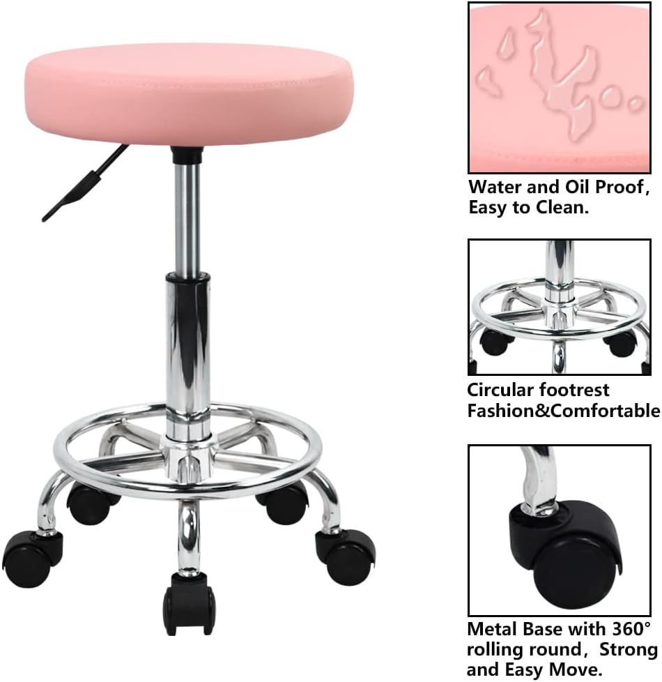 PU Leather Round Rolling Stool with Foot Rest Swivel Height Adjustment Spa Drafting Salon Tattoo Work Office Massage Stools Task Chair (Pink)