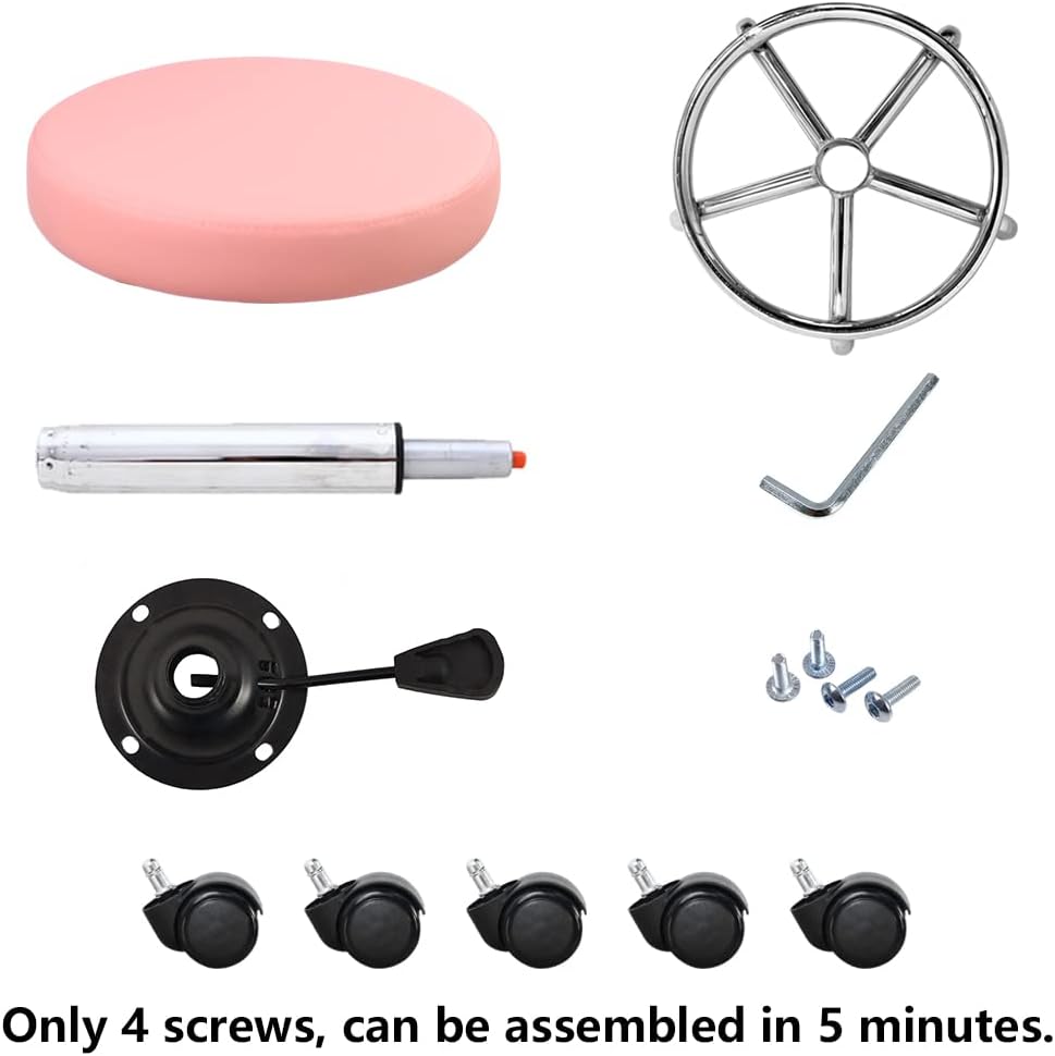 PU Leather Round Rolling Stool with Foot Rest Swivel Height Adjustment Spa Drafting Salon Tattoo Work Office Massage Stools Task Chair (Pink)