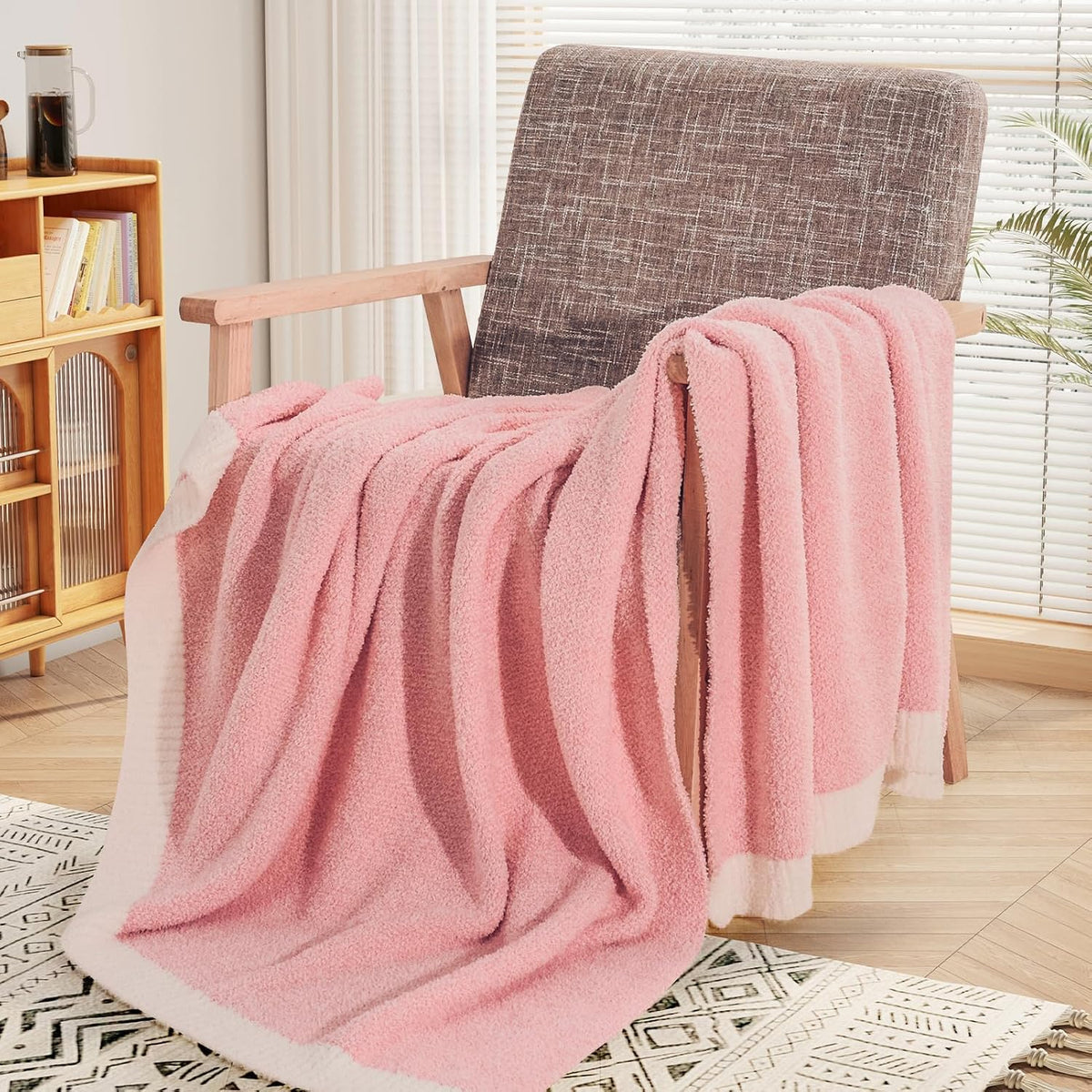 Soft Blankets Pink, Cozy Throw Blanket for Couch, Warm Reversible Knit Blanket for Women, Fuzzy Lightweight Throws for Sofa, Bed, Picnic, Heather Hot Pink, 50 x 60 inches