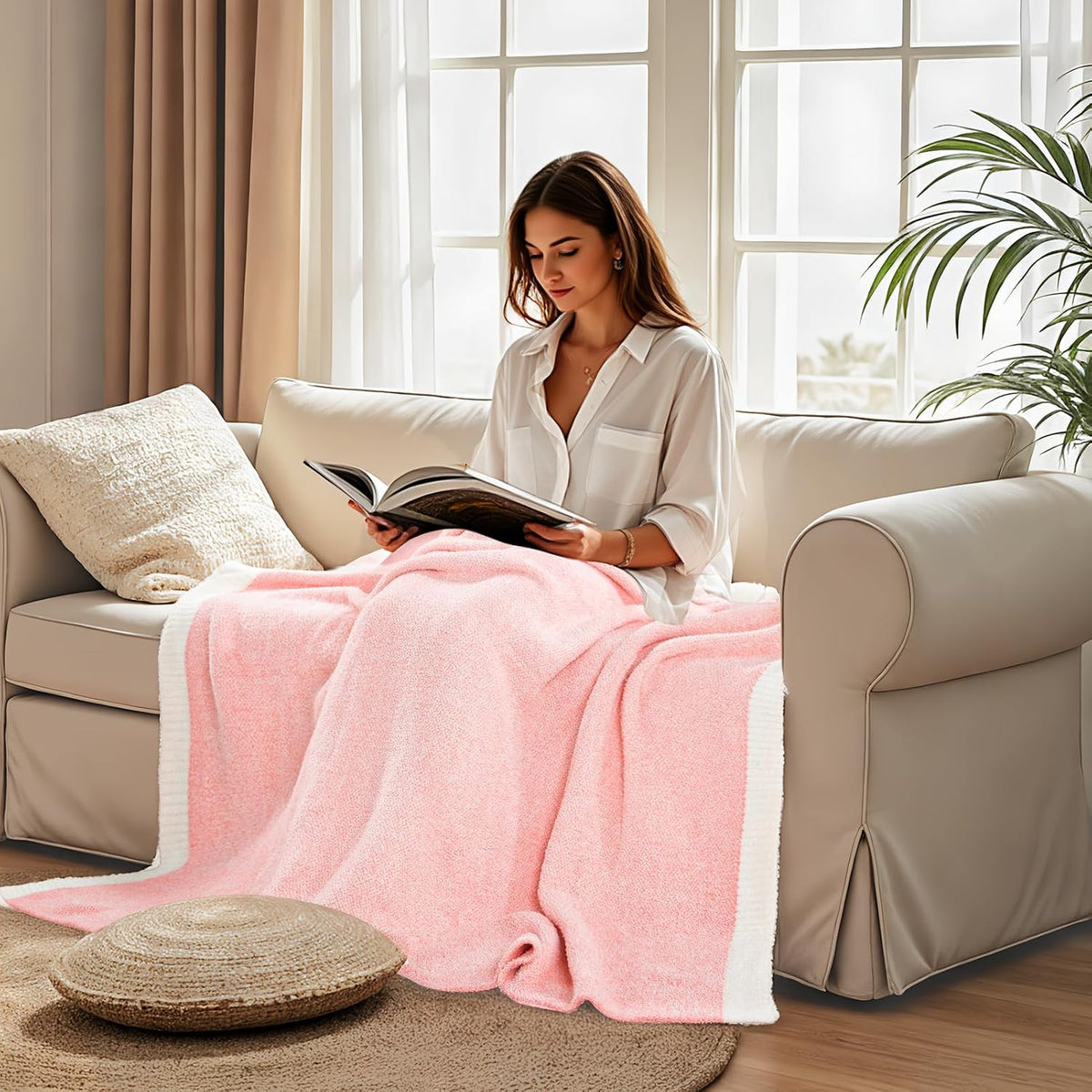 Soft Blankets Pink, Cozy Throw Blanket for Couch, Warm Reversible Knit Blanket for Women, Fuzzy Lightweight Throws for Sofa, Bed, Picnic, Heather Hot Pink, 50 x 60 inches