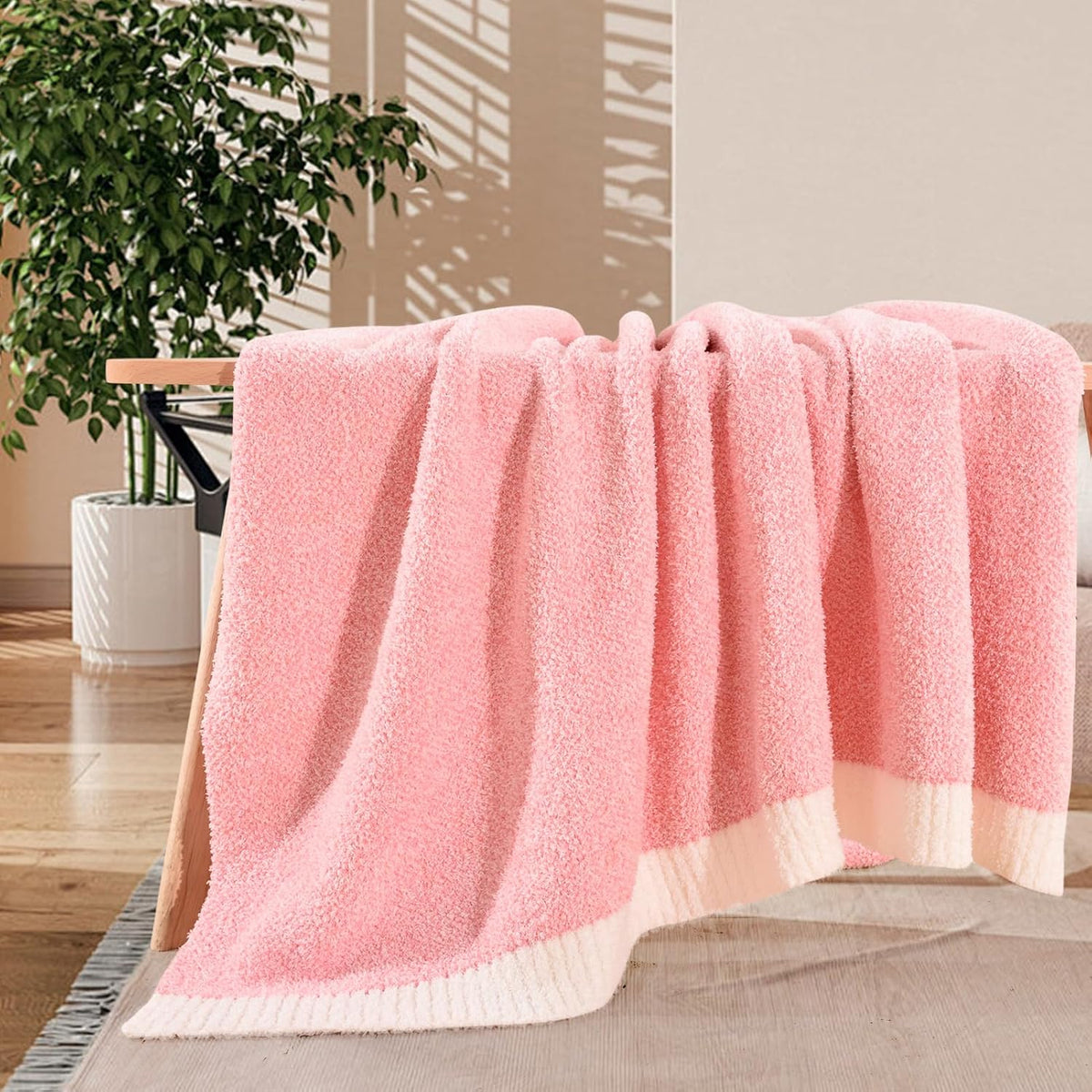 Soft Blankets Pink, Cozy Throw Blanket for Couch, Warm Reversible Knit Blanket for Women, Fuzzy Lightweight Throws for Sofa, Bed, Picnic, Heather Hot Pink, 50 x 60 inches