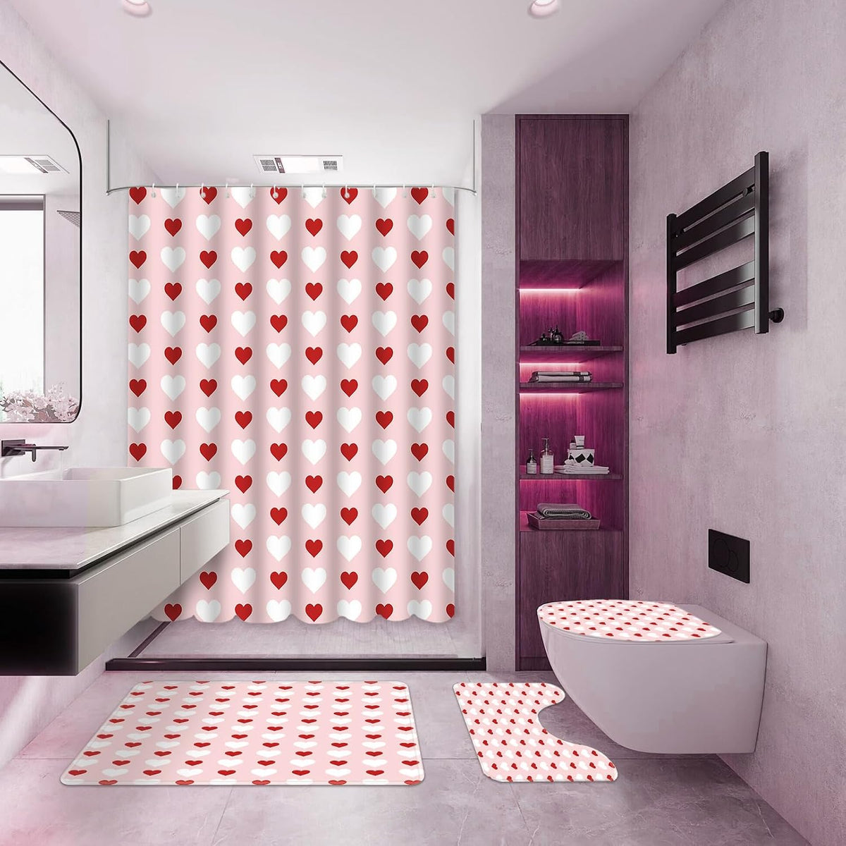 4pcs Valentines Shower Curtain Set Pink and Red Little Heart Shower Curtain Sets for Valentine's Day Bathroom Decor Sweetheart Shower Curtains with Non-Slip Rugs Toilet Lid Cover and Bath Mat
