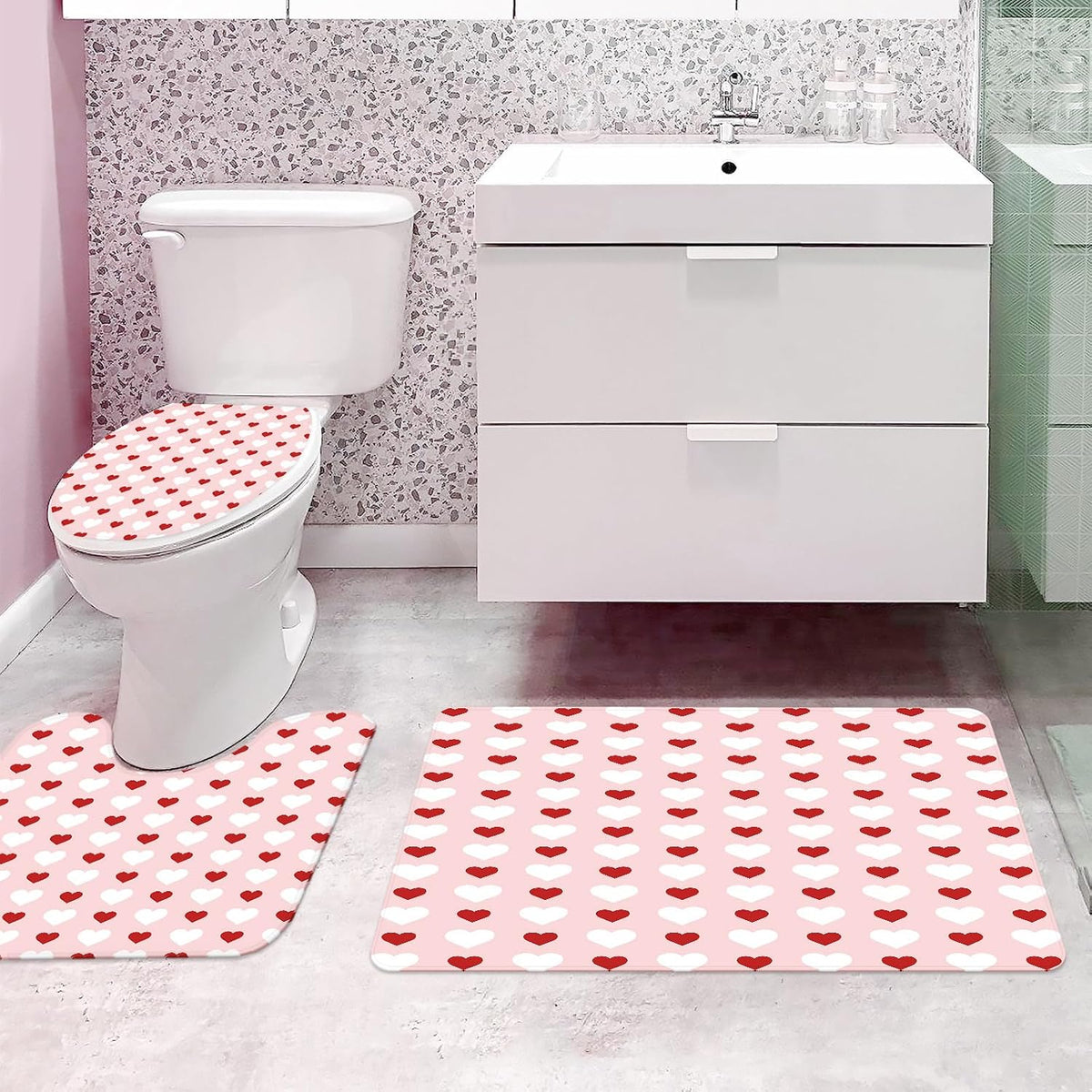 4pcs Valentines Shower Curtain Set Pink and Red Little Heart Shower Curtain Sets for Valentine's Day Bathroom Decor Sweetheart Shower Curtains with Non-Slip Rugs Toilet Lid Cover and Bath Mat