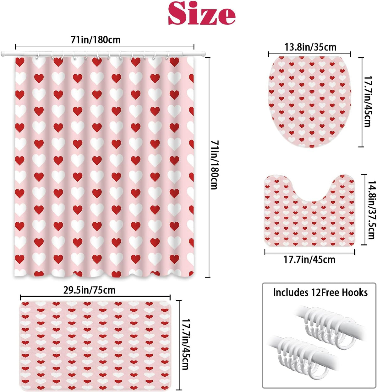 4pcs Valentines Shower Curtain Set Pink and Red Little Heart Shower Curtain Sets for Valentine's Day Bathroom Decor Sweetheart Shower Curtains with Non-Slip Rugs Toilet Lid Cover and Bath Mat
