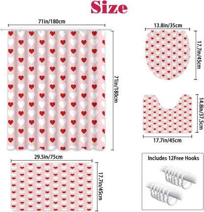 4pcs Valentines Shower Curtain Set Pink and Red Little Heart Shower Curtain Sets for Valentine's Day Bathroom Decor Sweetheart Shower Curtains with Non-Slip Rugs Toilet Lid Cover and Bath Mat