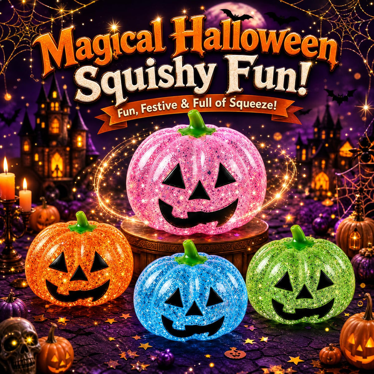 Halloween Glitter Pumpkin Squish Toy, Slow Rise Squeeze Fidget Toy, Soft Sparkly Squishy Stress Relief Toy, Halloween Party Favors, Trick or Treat Goodie Bag Fillers, Gifts for Kids Boys Girls