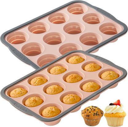 2 PCS Silicone Muffin Pan 12 Cup, Nonstick Cupcake Baking Mold, Flexible Silicone Muffin Tin, Easy Release, Dishwasher Safe, Oven Safe to 450°F, BPA Free, Pink