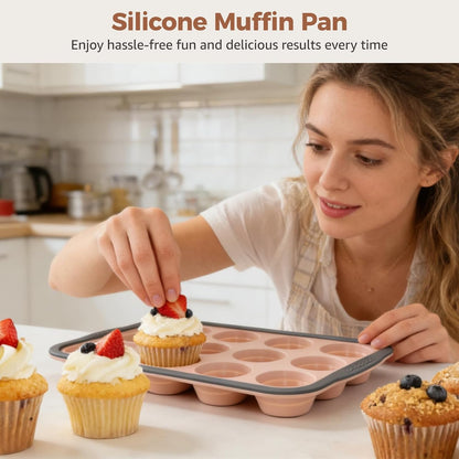 2 PCS Silicone Muffin Pan 12 Cup, Nonstick Cupcake Baking Mold, Flexible Silicone Muffin Tin, Easy Release, Dishwasher Safe, Oven Safe to 450°F, BPA Free, Pink
