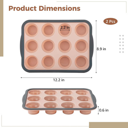2 PCS Silicone Muffin Pan 12 Cup, Nonstick Cupcake Baking Mold, Flexible Silicone Muffin Tin, Easy Release, Dishwasher Safe, Oven Safe to 450°F, BPA Free, Pink
