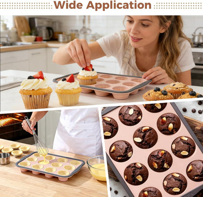 2 PCS Silicone Muffin Pan 12 Cup, Nonstick Cupcake Baking Mold, Flexible Silicone Muffin Tin, Easy Release, Dishwasher Safe, Oven Safe to 450°F, BPA Free, Pink
