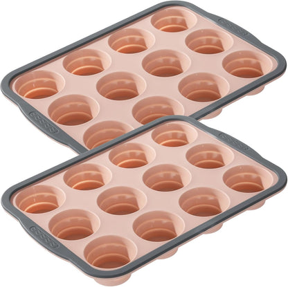 2 PCS Silicone Muffin Pan 12 Cup, Nonstick Cupcake Baking Mold, Flexible Silicone Muffin Tin, Easy Release, Dishwasher Safe, Oven Safe to 450°F, BPA Free, Pink