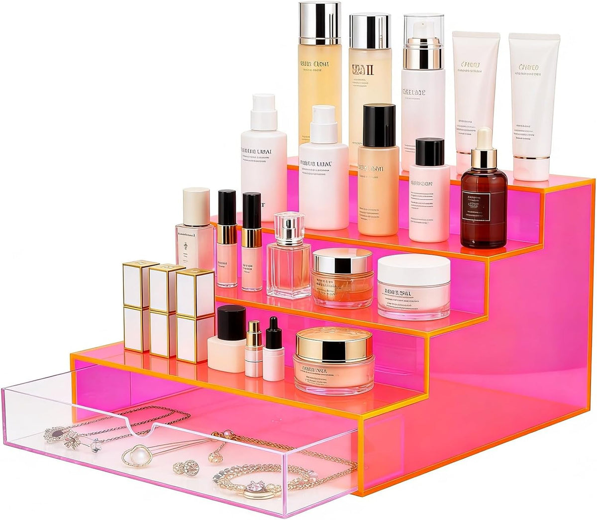 Perfume Organizer for Women Acrylic Perfume Display Shelf with Drawer 4-Tier Makeup Stand for Vanity Cosmetic Display Case, Neon Pink
