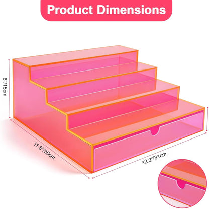Perfume Organizer for Women Acrylic Perfume Display Shelf with Drawer 4-Tier Makeup Stand for Vanity Cosmetic Display Case, Neon Pink