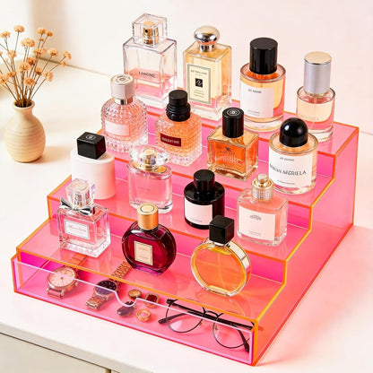 Perfume Organizer for Women Acrylic Perfume Display Shelf with Drawer 4-Tier Makeup Stand for Vanity Cosmetic Display Case, Neon Pink