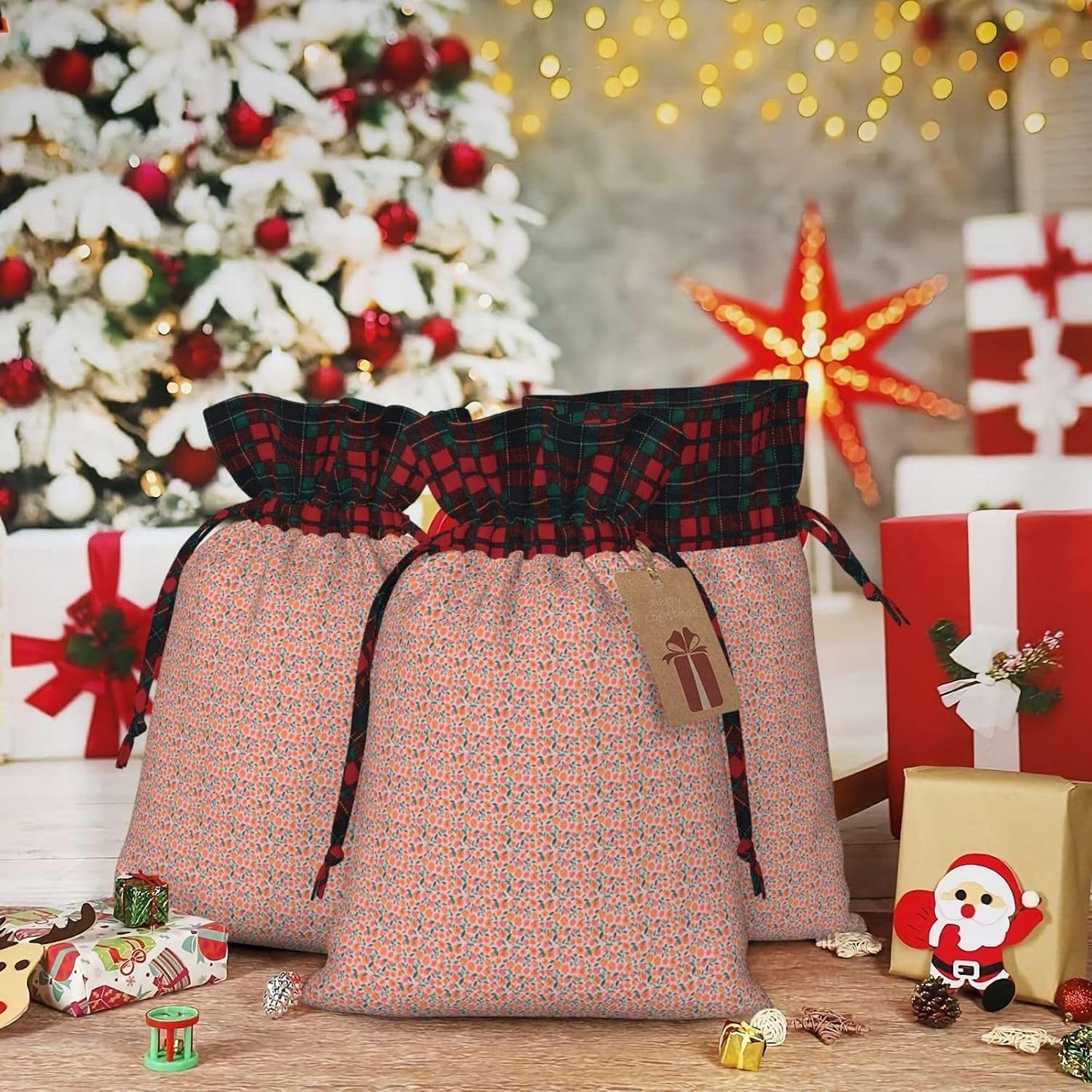 Pink Peach Pattern Seamless Pattern Printing Christmas Drawstring Gift Bags Reusable Xmas Sacks For Holiday Packaging Needs