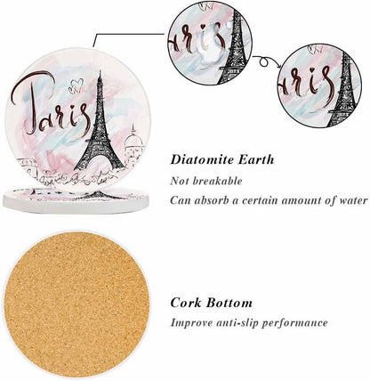 Eiffel Tower Coasters for Drinks Pink Paris Romantic Art Painting Cups Place Mats for Home Decor Set of 2, 4 Inch