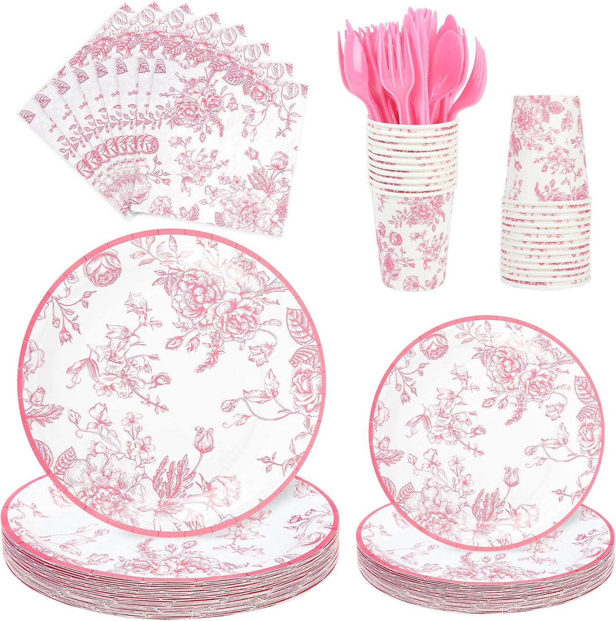 175Pcs Pink Floral Paper Plates and Napkins 25 Guests Pink White Toile Chinoiserie Party Supplies Set Include Plates Napkins Cups Spoons Forks Knives for Christmas Birthday Wedding Mother's Day
