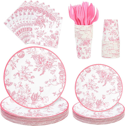 175Pcs Pink Floral Paper Plates and Napkins 25 Guests Pink White Toile Chinoiserie Party Supplies Set Include Plates Napkins Cups Spoons Forks Knives for Christmas Birthday Wedding Mother's Day