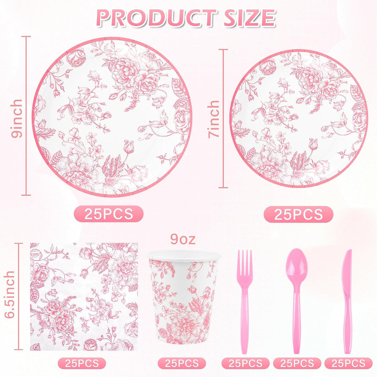 175Pcs Pink Floral Paper Plates and Napkins 25 Guests Pink White Toile Chinoiserie Party Supplies Set Include Plates Napkins Cups Spoons Forks Knives for Christmas Birthday Wedding Mother's Day