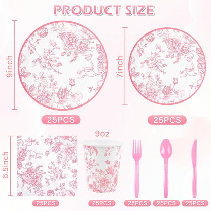175Pcs Pink Floral Paper Plates and Napkins 25 Guests Pink White Toile Chinoiserie Party Supplies Set Include Plates Napkins Cups Spoons Forks Knives for Christmas Birthday Wedding Mother's Day