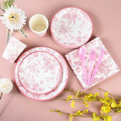 175Pcs Pink Floral Paper Plates and Napkins 25 Guests Pink White Toile Chinoiserie Party Supplies Set Include Plates Napkins Cups Spoons Forks Knives for Christmas Birthday Wedding Mother's Day