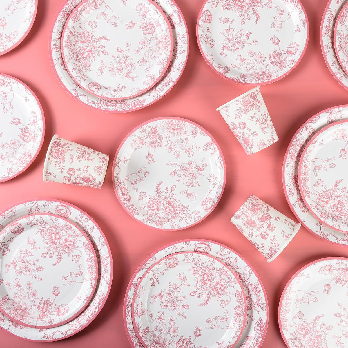 175Pcs Pink Floral Paper Plates and Napkins 25 Guests Pink White Toile Chinoiserie Party Supplies Set Include Plates Napkins Cups Spoons Forks Knives for Christmas Birthday Wedding Mother's Day