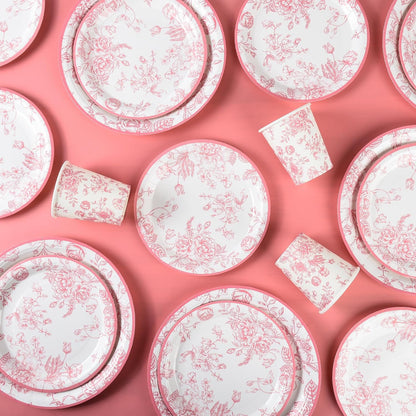 175Pcs Pink Floral Paper Plates and Napkins 25 Guests Pink White Toile Chinoiserie Party Supplies Set Include Plates Napkins Cups Spoons Forks Knives for Christmas Birthday Wedding Mother's Day