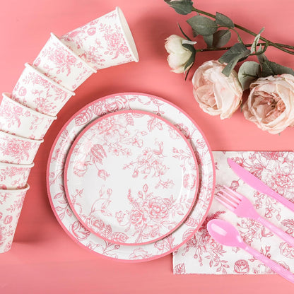 175Pcs Pink Floral Paper Plates and Napkins 25 Guests Pink White Toile Chinoiserie Party Supplies Set Include Plates Napkins Cups Spoons Forks Knives for Christmas Birthday Wedding Mother's Day