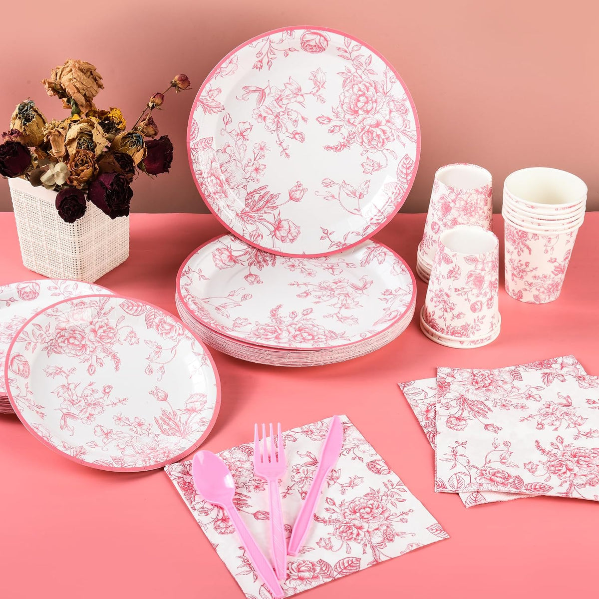 175Pcs Pink Floral Paper Plates and Napkins 25 Guests Pink White Toile Chinoiserie Party Supplies Set Include Plates Napkins Cups Spoons Forks Knives for Christmas Birthday Wedding Mother's Day