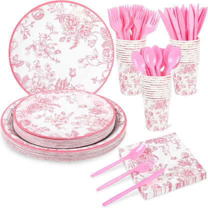 175Pcs Pink Floral Paper Plates and Napkins 25 Guests Pink White Toile Chinoiserie Party Supplies Set Include Plates Napkins Cups Spoons Forks Knives for Christmas Birthday Wedding Mother's Day