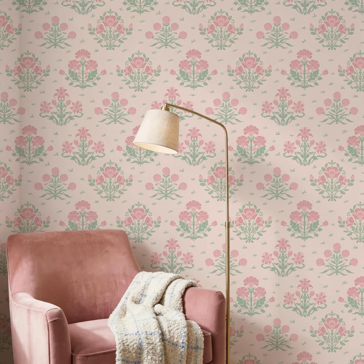 Pink Wallpaper Stick and Peel, Pink Floral Wallpaper Boho Girly Wall Paper Decorative Self Adhesive for Nursery Bedroom Bathroom 17.3" x 78.7"