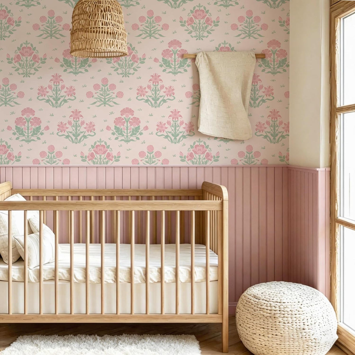 Pink Wallpaper Stick and Peel, Pink Floral Wallpaper Boho Girly Wall Paper Decorative Self Adhesive for Nursery Bedroom Bathroom 17.3" x 78.7"