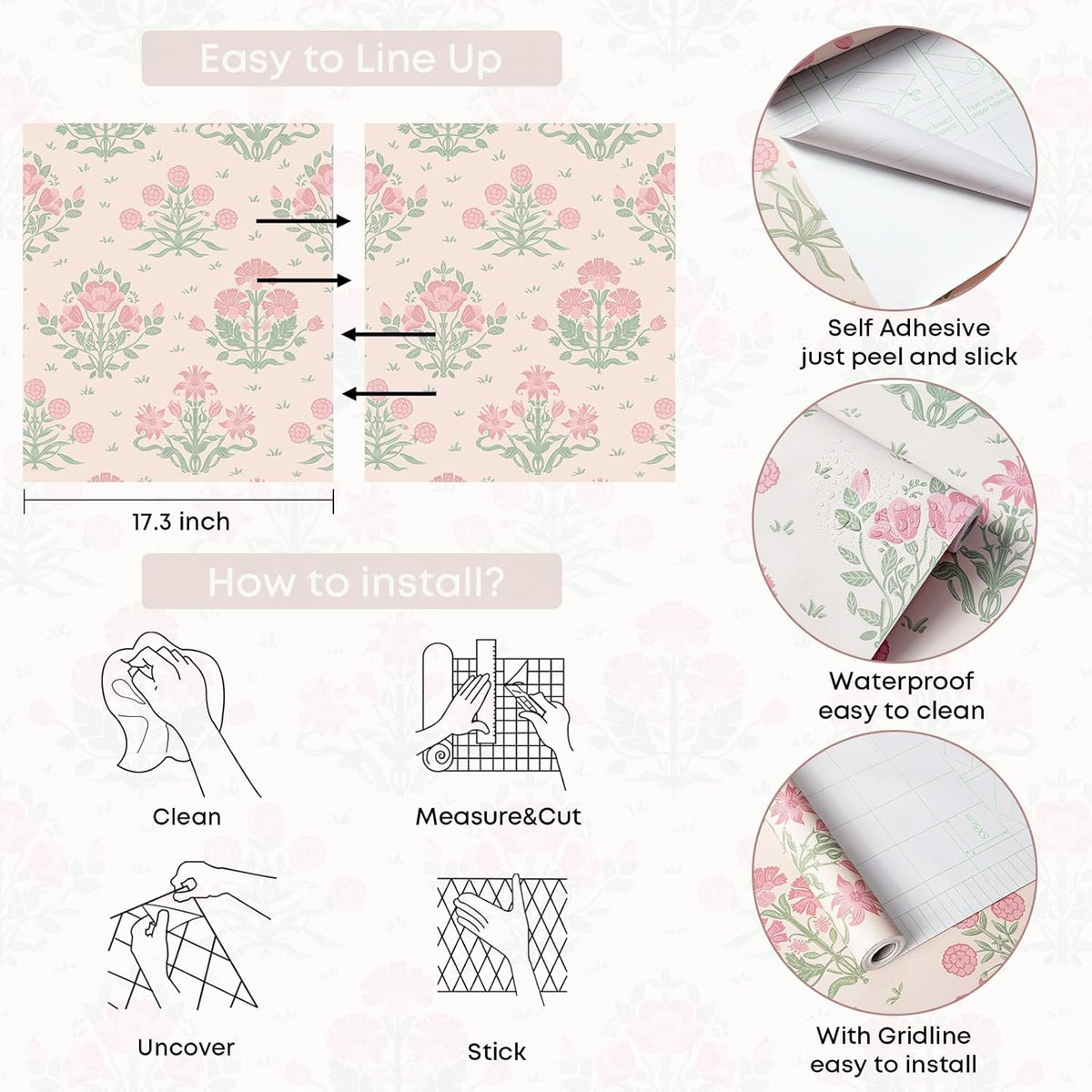 Pink Wallpaper Stick and Peel, Pink Floral Wallpaper Boho Girly Wall Paper Decorative Self Adhesive for Nursery Bedroom Bathroom 17.3" x 78.7"