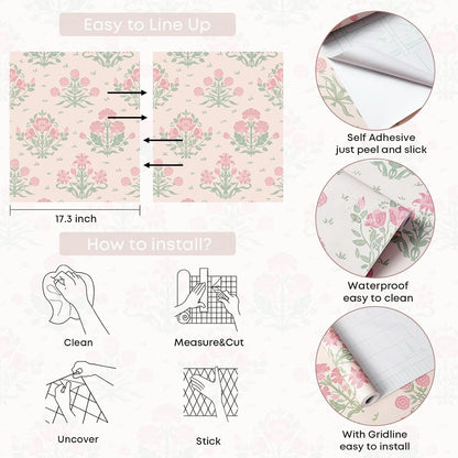 Pink Wallpaper Stick and Peel, Pink Floral Wallpaper Boho Girly Wall Paper Decorative Self Adhesive for Nursery Bedroom Bathroom 17.3" x 78.7"