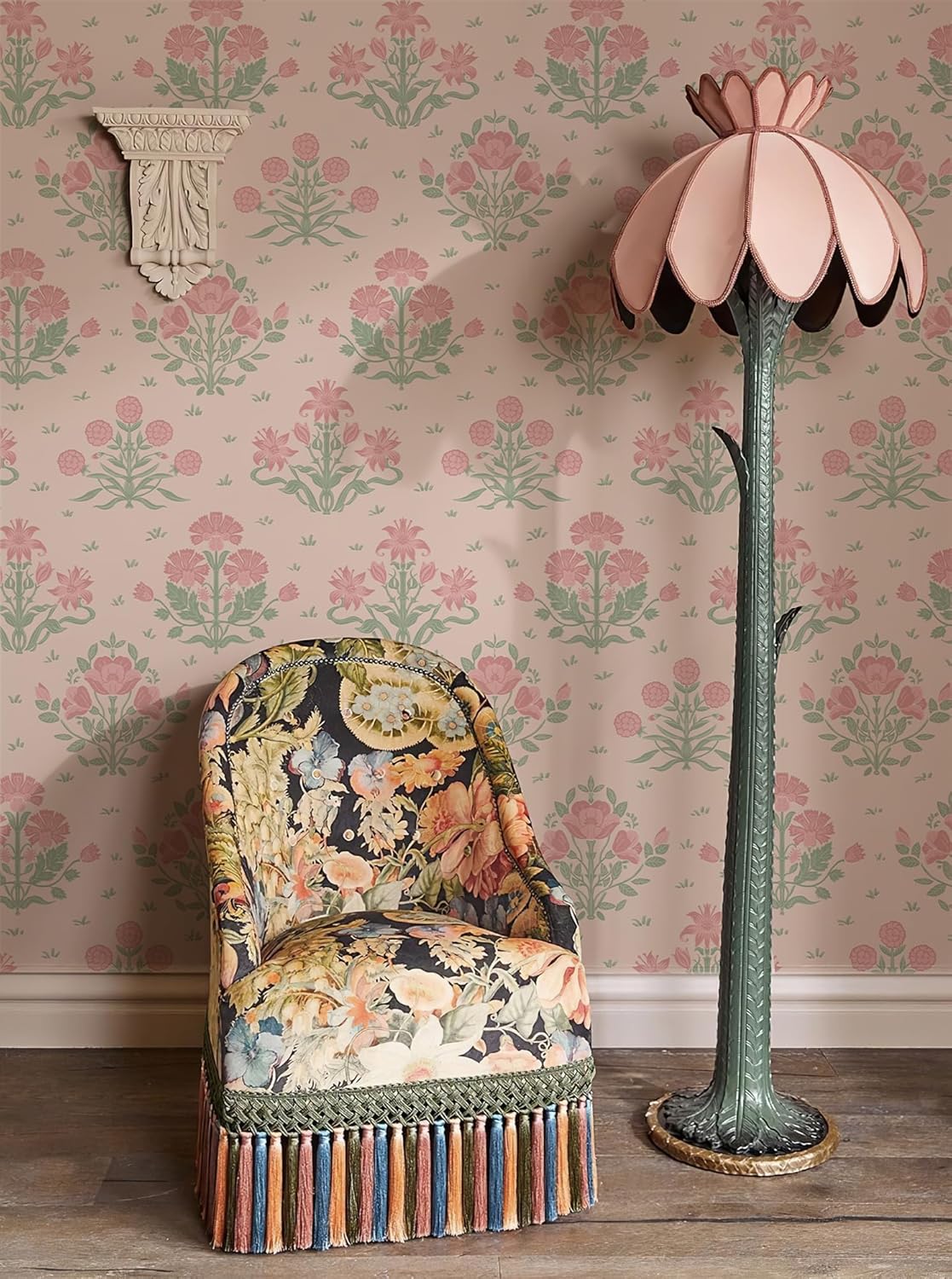 Pink Wallpaper Stick and Peel, Pink Floral Wallpaper Boho Girly Wall Paper Decorative Self Adhesive for Nursery Bedroom Bathroom 17.3" x 78.7"